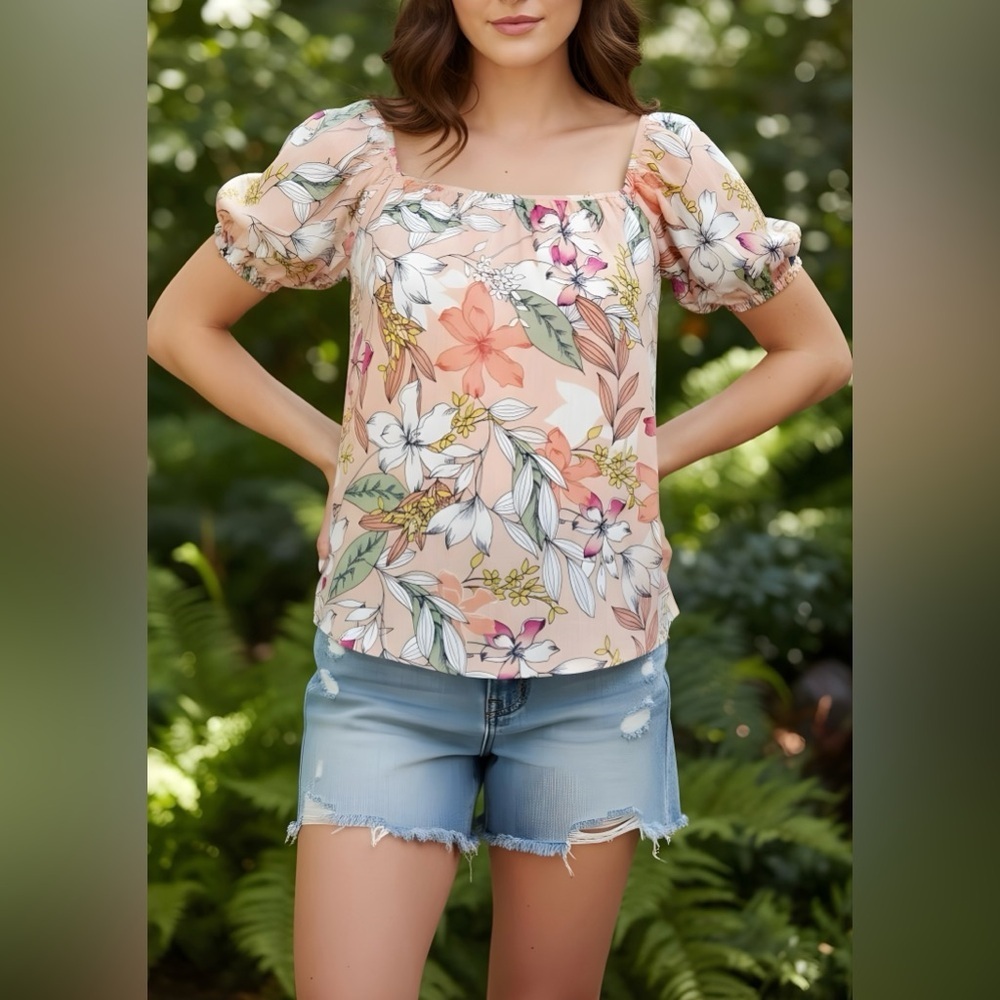 St. Johns Bay Casual Tropical Floral Cotton Blouse Top Short Sleeves